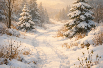 A quiet snow covered path winding through a winter forest, symbolizing steady progress and preparation during the holiday season.
