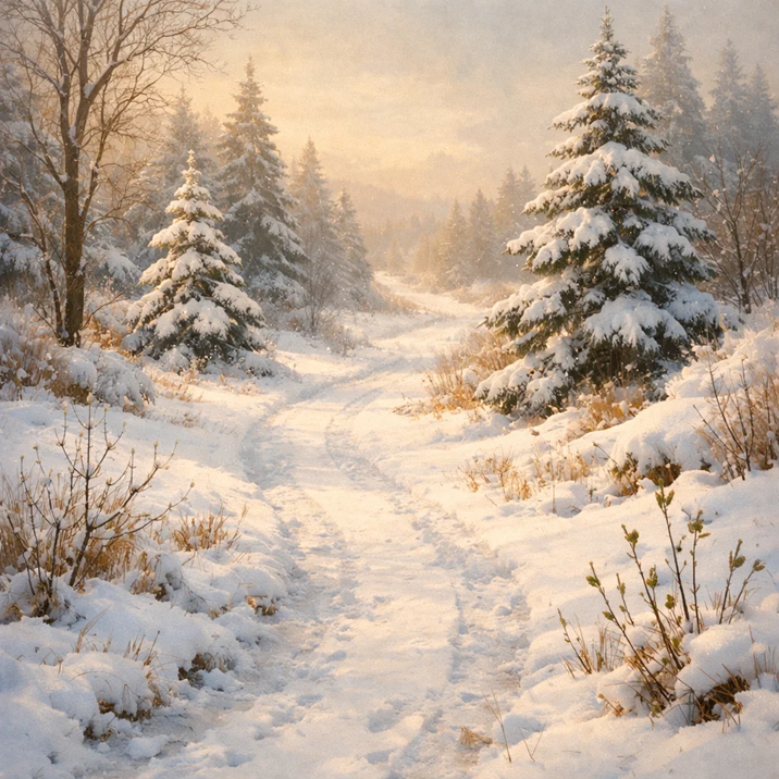 A quiet snow covered path winding through a winter forest, symbolizing steady progress and preparation during the holiday season.
