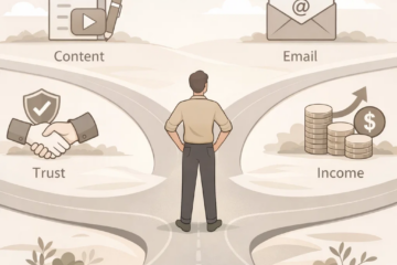 Illustration showing a person at a crossroads choosing between content, email, trust, and income in affiliate marketing