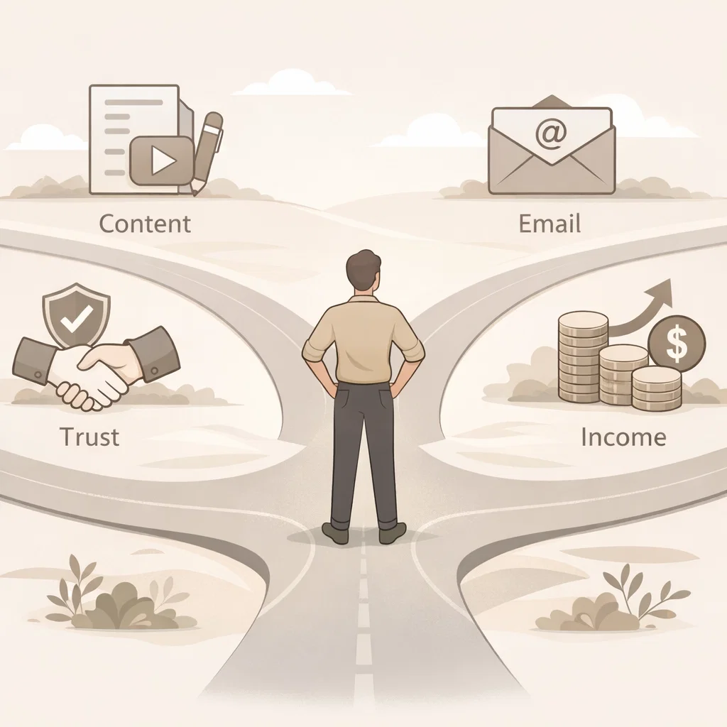 Illustration showing a person at a crossroads choosing between content, email, trust, and income in affiliate marketing
