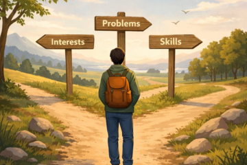 Person standing at a crossroads choosing between affiliate niche options labeled interests, problems, and skills