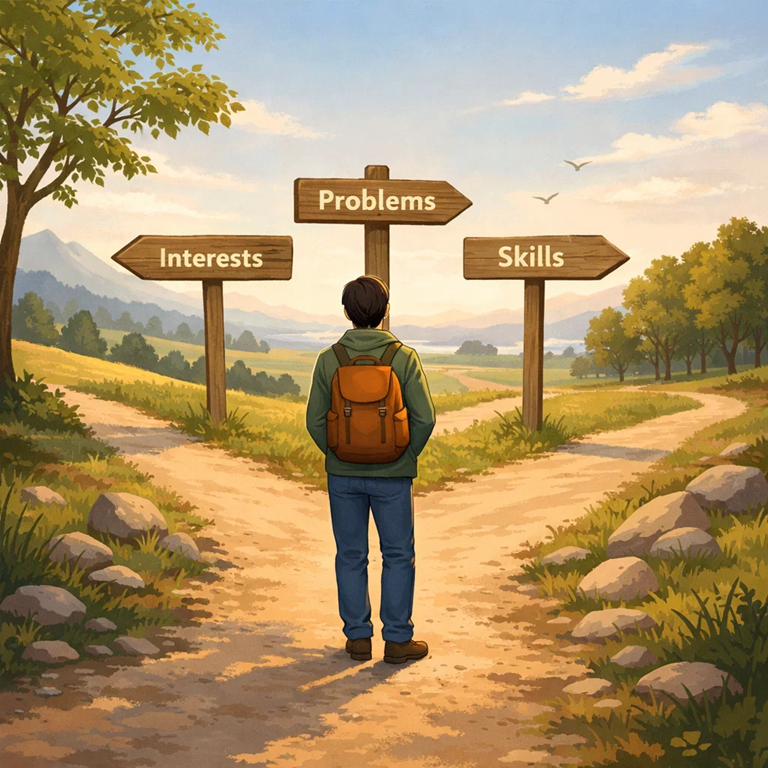 Person standing at a crossroads choosing between affiliate niche options labeled interests, problems, and skills

