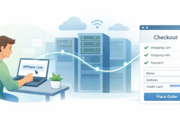 Illustration showing how an affiliate link tracks a user click through servers to a checkout page
