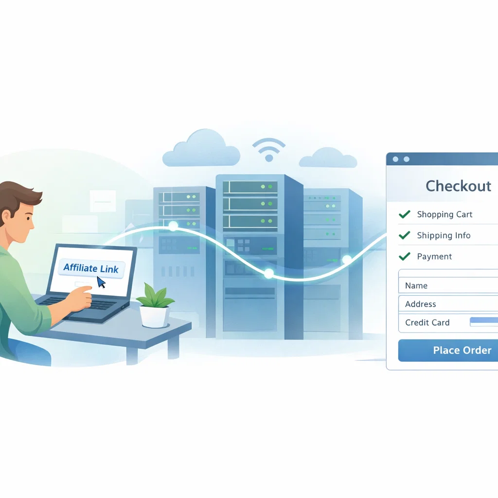 Illustration showing how an affiliate link tracks a user click through servers to a checkout page
