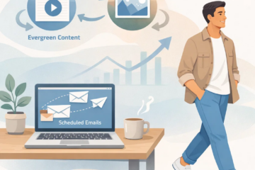 Illustration of an affiliate marketer stepping away while evergreen content and scheduled email systems continue running automatically