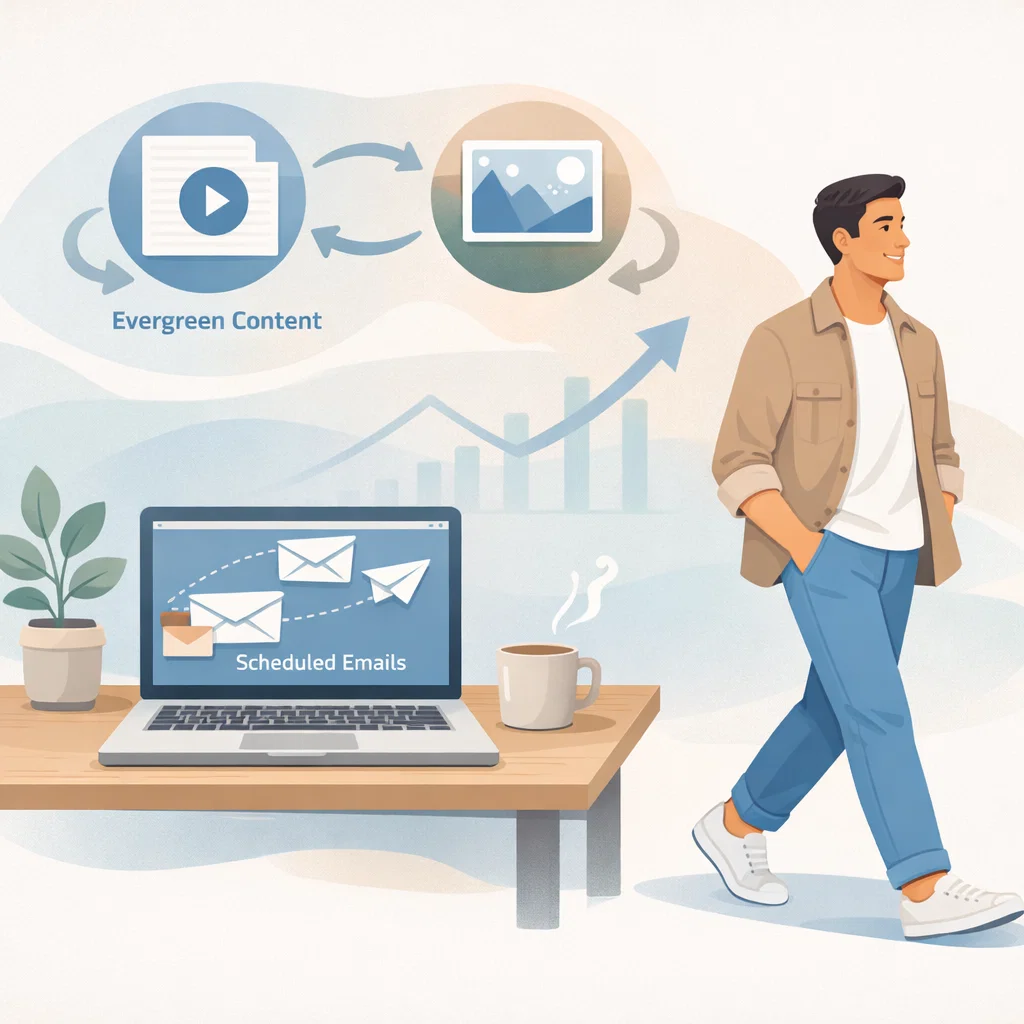 Illustration of an affiliate marketer stepping away while evergreen content and scheduled email systems continue running automatically
