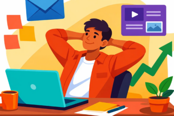 Illustration of a relaxed affiliate marketer working on a laptop with email, content, and growth icons around him, representing affiliate marketing without a website