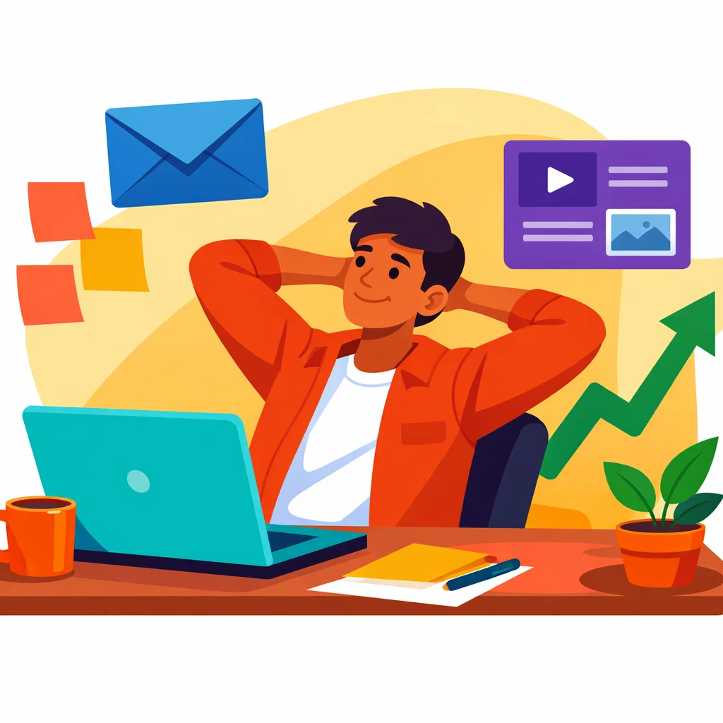 Illustration of a relaxed affiliate marketer working on a laptop with email, content, and growth icons around him, representing affiliate marketing without a website
