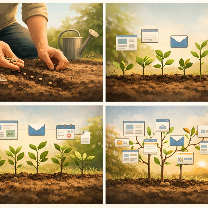 Illustration showing seeds being planted and gradually growing into a structured system representing long term affiliate marketing growth
