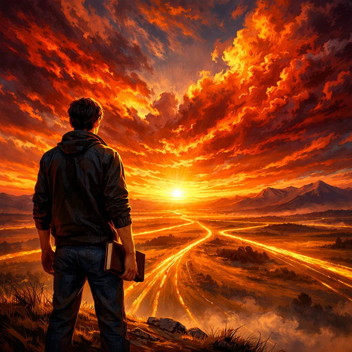 A person standing at sunrise overlooking multiple glowing paths stretching into the distance, symbolizing new beginnings and life choices in 2026.