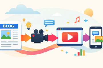 Diagram showing how a blog post is repurposed into video, social media content, and mobile formats
