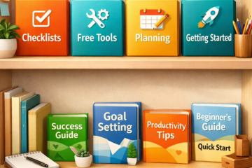 A neatly organized shelf of colorful folders labeled checklists, free tools, planning, getting started, success guide, goal setting, productivity tips, and beginner’s guide, representing a free online resource library.