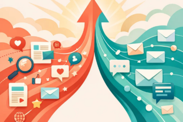 Illustration showing organic traffic and email marketing streams merging into a single upward growth path.