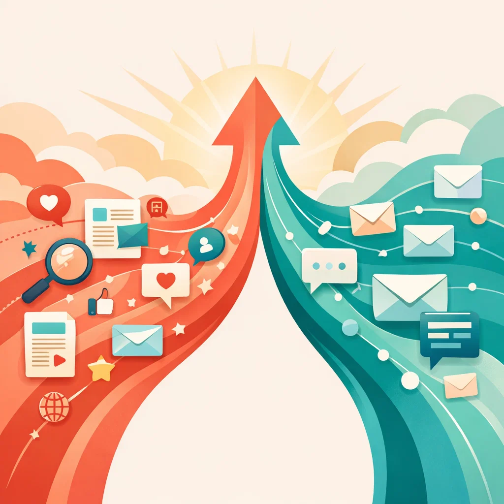 Illustration showing organic traffic and email marketing streams merging into a single upward growth path.
