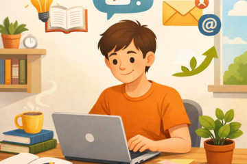 Beginner learning affiliate marketing on a laptop with icons for email, content, and growth