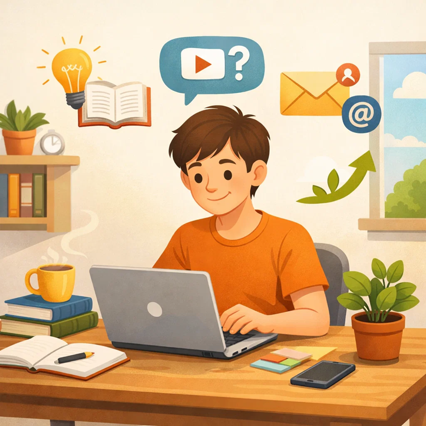 Beginner learning affiliate marketing on a laptop with icons for email, content, and growth
