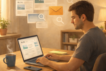 Person working on a laptop in a home office with blog articles, email icons, and search symbols representing affiliate marketing without social media.