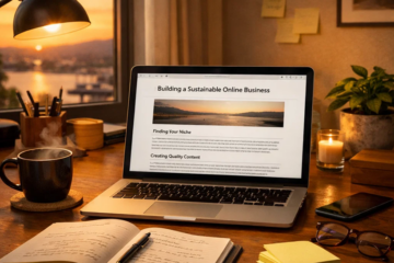 Laptop on desk at sunset showing sustainable online business blog article with notebook and coffee