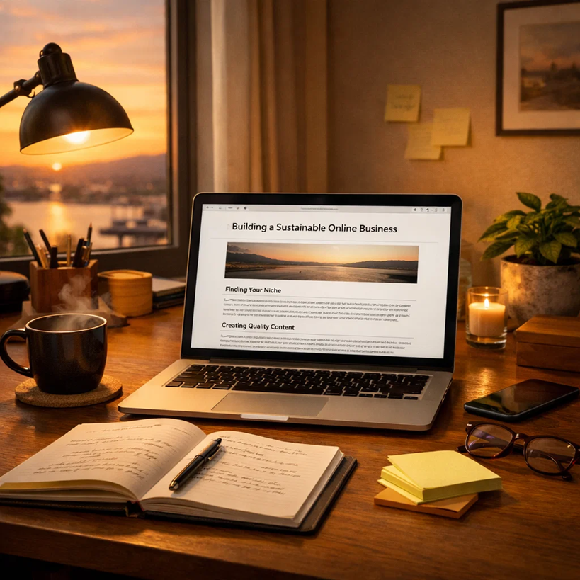 Laptop on desk at sunset showing sustainable online business blog article with notebook and coffee
