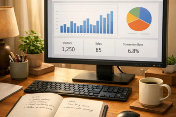 Affiliate marketer reviewing performance dashboard with charts and notes on desk