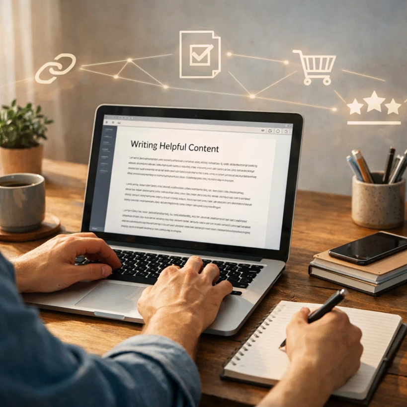 Person writing helpful content on a laptop at a wooden desk with subtle affiliate and ecommerce icons floating above the screen in a warm home office setting.
