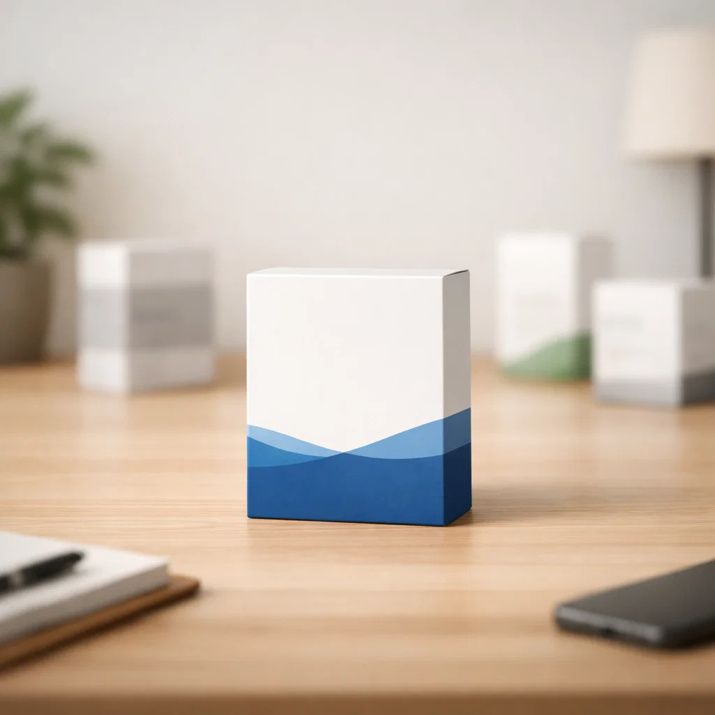 Minimal product box on a desk representing focusing on one affiliate offer at a time