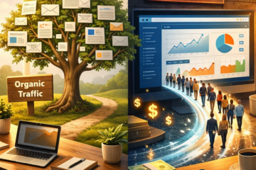 Illustration comparing organic traffic growth tree and paid ads traffic dashboard funnel