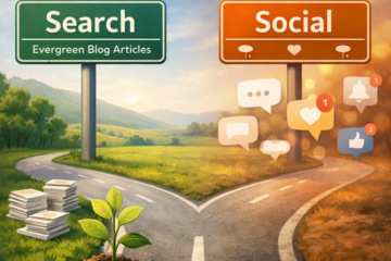 Illustration of a forked road with signs labeled Search and Social, showing evergreen blog articles and a growing plant on one side and social media icons on the other.