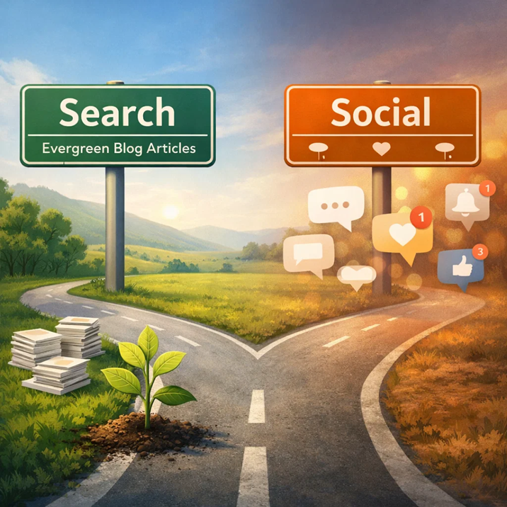 Illustration of a forked road with signs labeled Search and Social, showing evergreen blog articles and a growing plant on one side and social media icons on the other.

