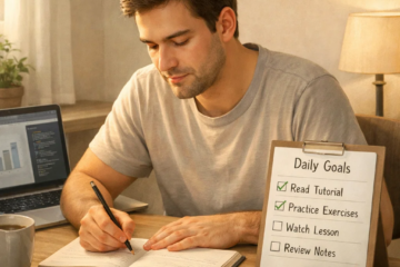 Beginner affiliate marketer writing notes at a desk with a daily goals checklist and laptop