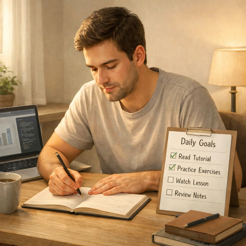 Beginner affiliate marketer writing notes at a desk with a daily goals checklist and laptop
