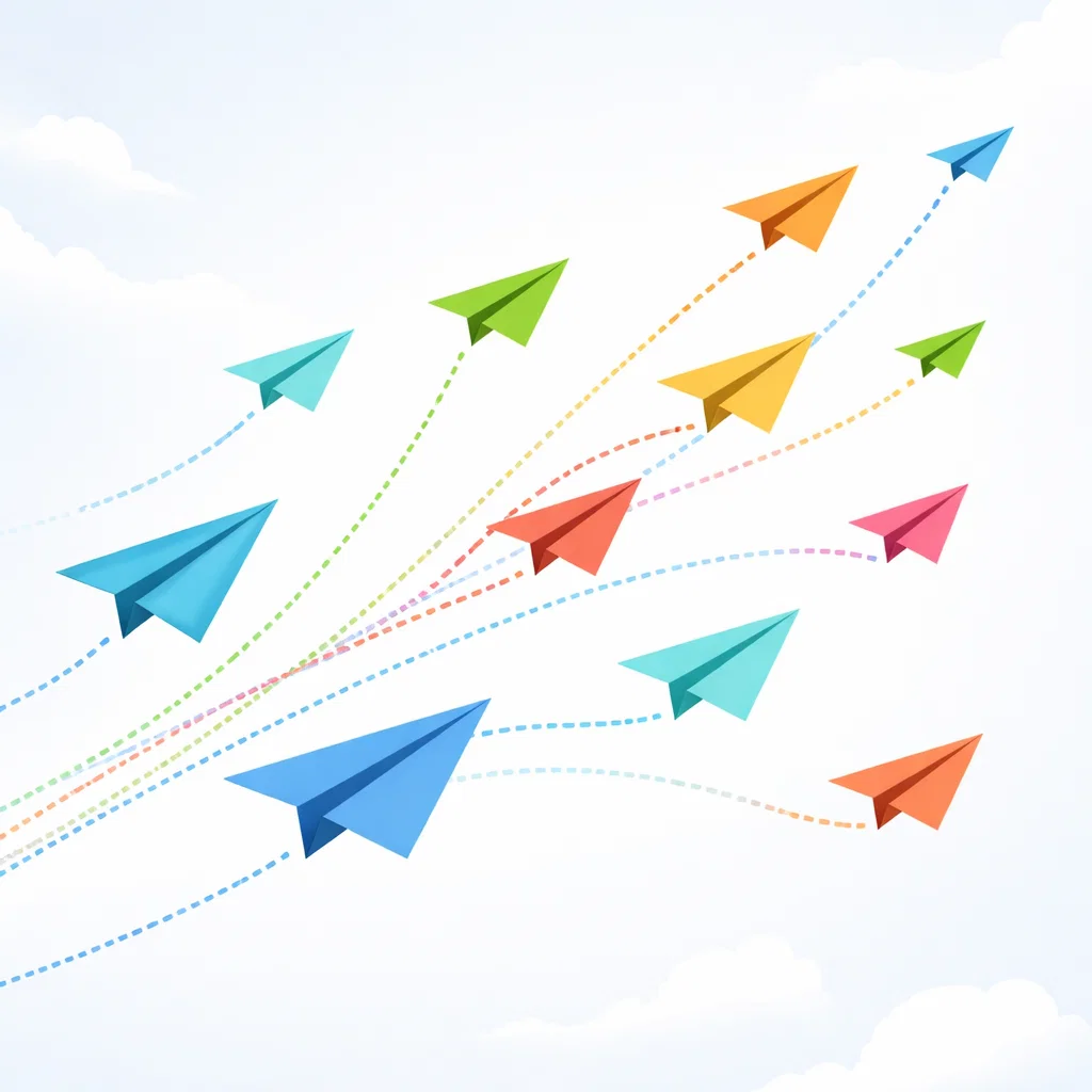 Colorful paper airplanes flying in different directions representing multiple free traffic sources in affiliate marketing