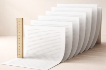 Stacked pages increasing in length next to a ruler representing blog post length and SEO content depth