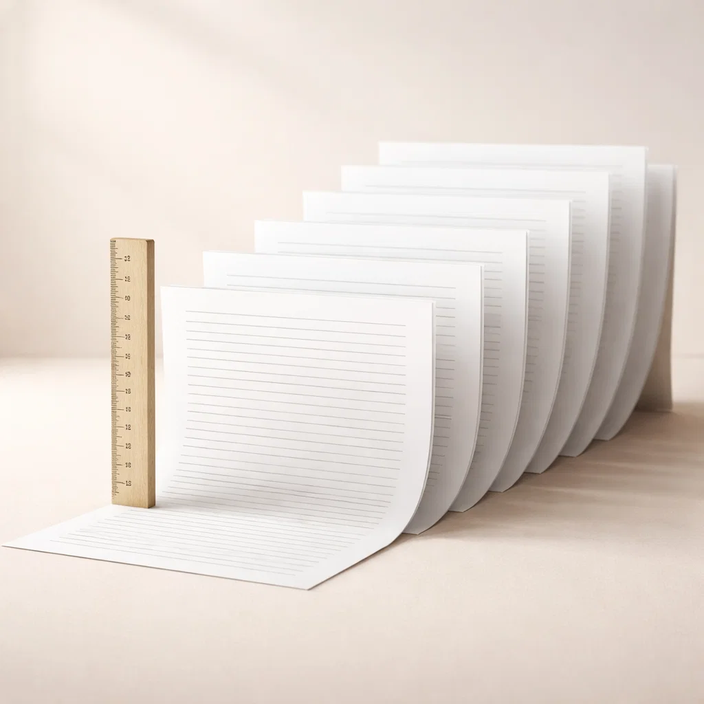 Stacked pages increasing in length next to a ruler representing blog post length and SEO content depth