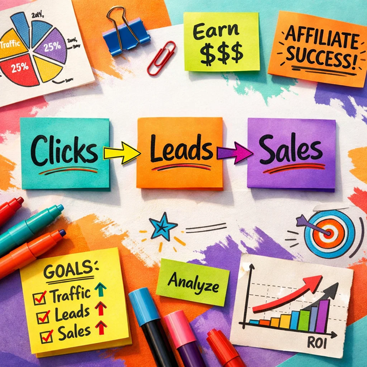 Colorful sticky notes showing the affiliate marketing funnel from clicks to leads to sales with charts and markers
