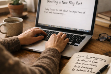Person writing a blog post about trust and transparency on a laptop with a notebook showing honesty principles