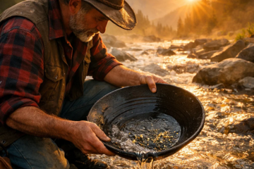 Gold prospector panning for gold in a mountain stream at sunrise symbolizing selecting valuable affiliate offers