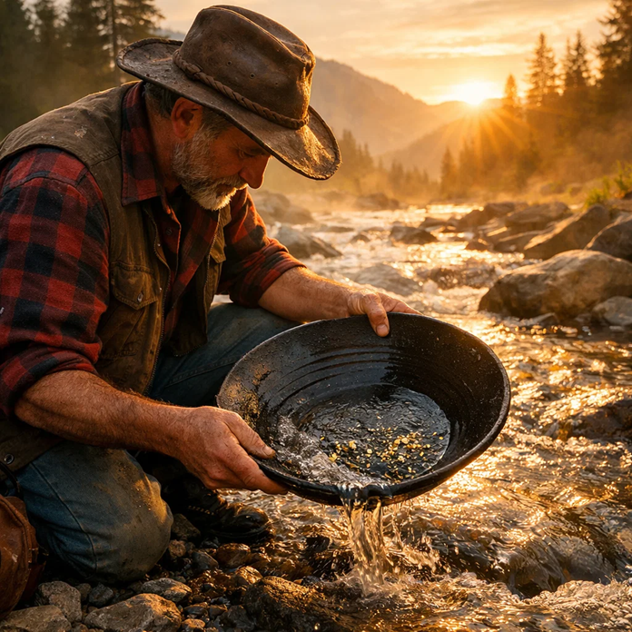 Gold prospector panning for gold in a mountain stream at sunrise symbolizing selecting valuable affiliate offers
