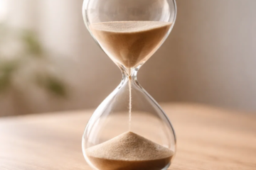 Minimal hourglass with sand flowing on a wooden surface representing patience and long-term affiliate marketing mindset