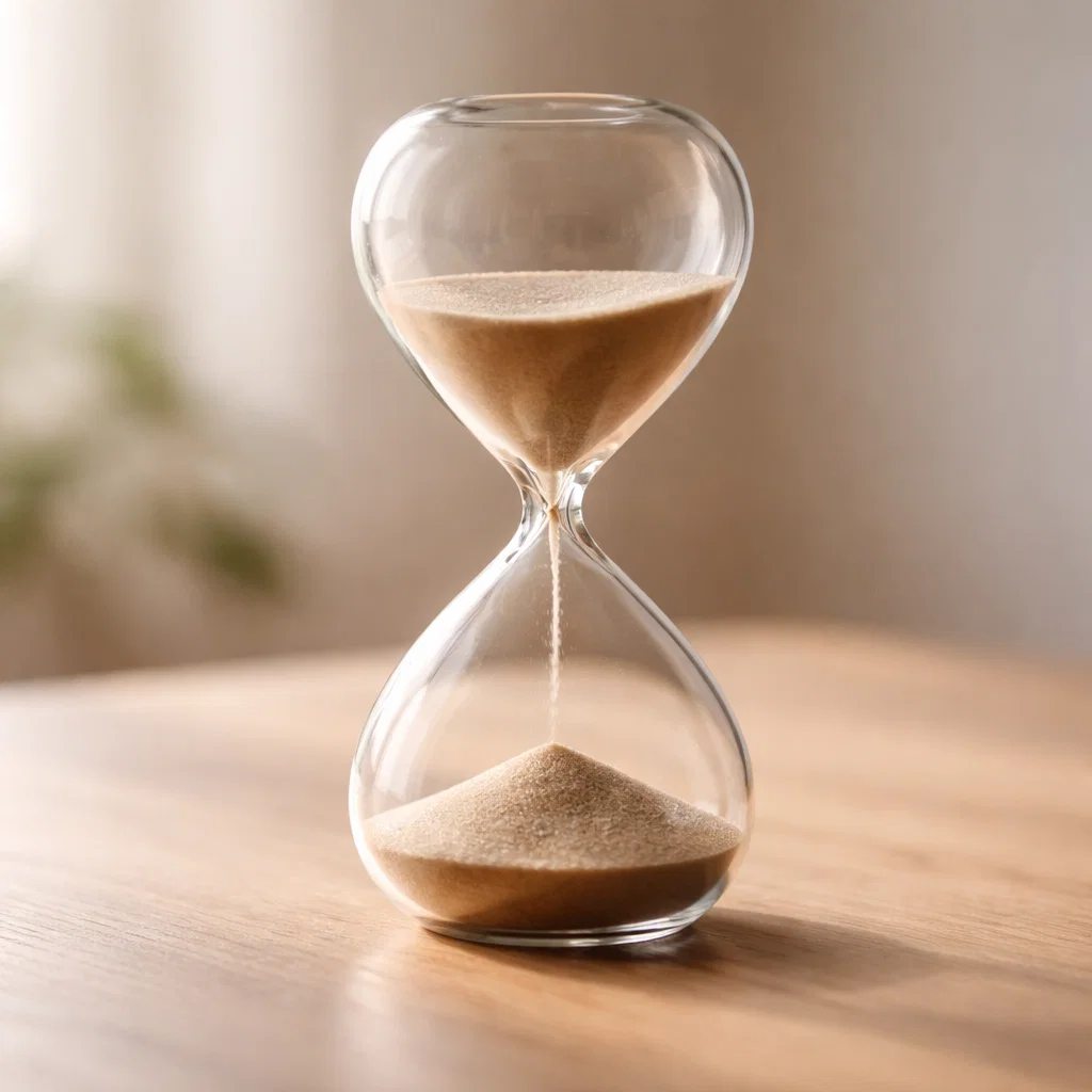 Minimal hourglass with sand flowing on a wooden surface representing patience and long-term affiliate marketing mindset