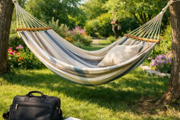 Relaxing hammock between trees in a colorful garden with notebook and bag on the grass symbolizing passive affiliate income