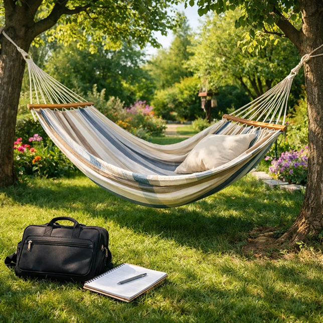 Relaxing hammock between trees in a colorful garden with notebook and bag on the grass symbolizing passive affiliate income
