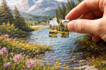 Hand placing the final piece into a completed puzzle symbolizing alignment and affiliate offer conversion