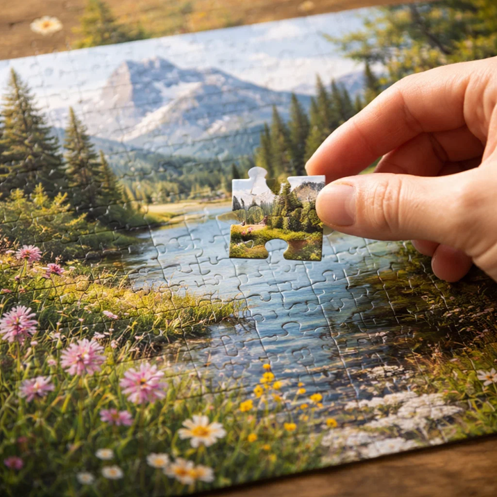 Hand placing the final piece into a completed puzzle symbolizing alignment and affiliate offer conversion