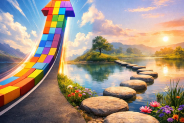 Colorful upward arrow path and stepping stone path over water representing scaling versus slowing down in online business