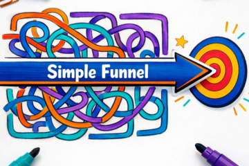 Colorful illustration showing a tangled marketing funnel simplified by a straight arrow leading directly to a target