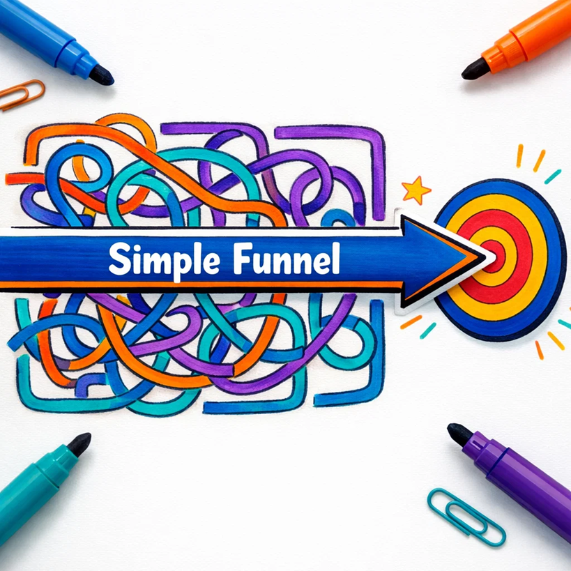 Colorful illustration showing a tangled marketing funnel simplified by a straight arrow leading directly to a target

