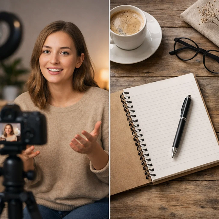 Split image showing a person recording a YouTube video on one side and a notebook with pen on the other representing blogging versus YouTube