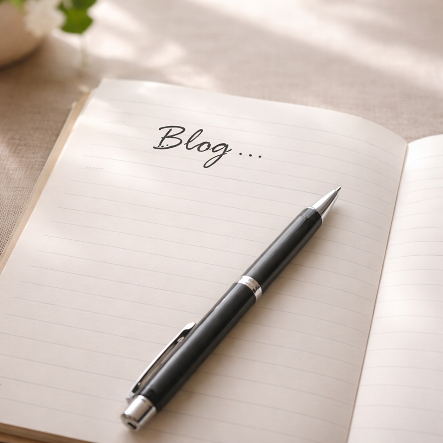 Notebook with the word blog written at the top and a pen placed on the page representing starting a blog with no ideas