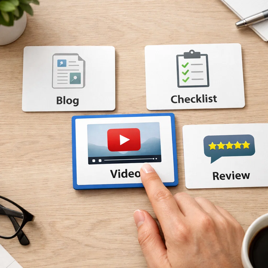 Cards showing blog, checklist, video and review content types with a hand selecting video option
